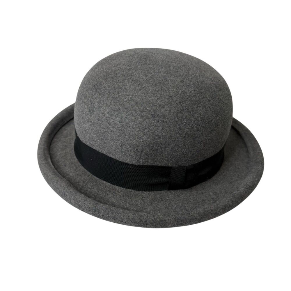 VTG Halston Felt 100% Wool Fedora Bowler Derby Hat Unisex Gray Ribbon Victorian